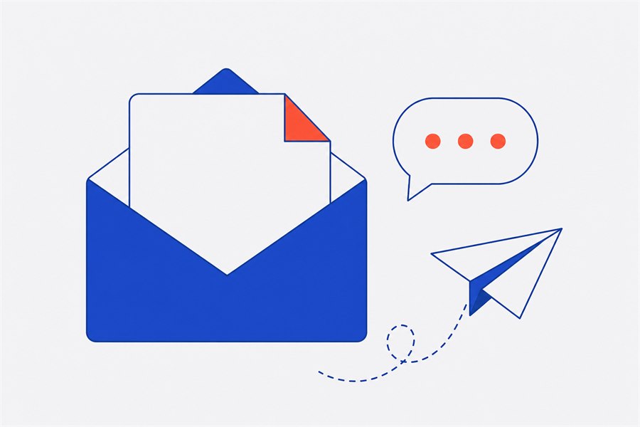 Illustration of an open envelope, a speech bubble and a paper aeroplane