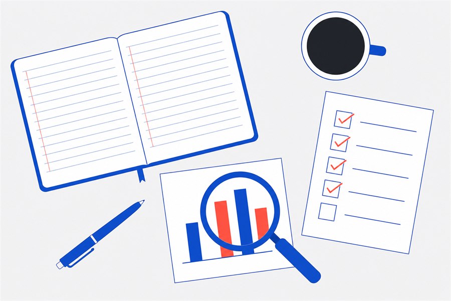 Illustration of a notebook, pen, checklist and a magnifying glass over a chart