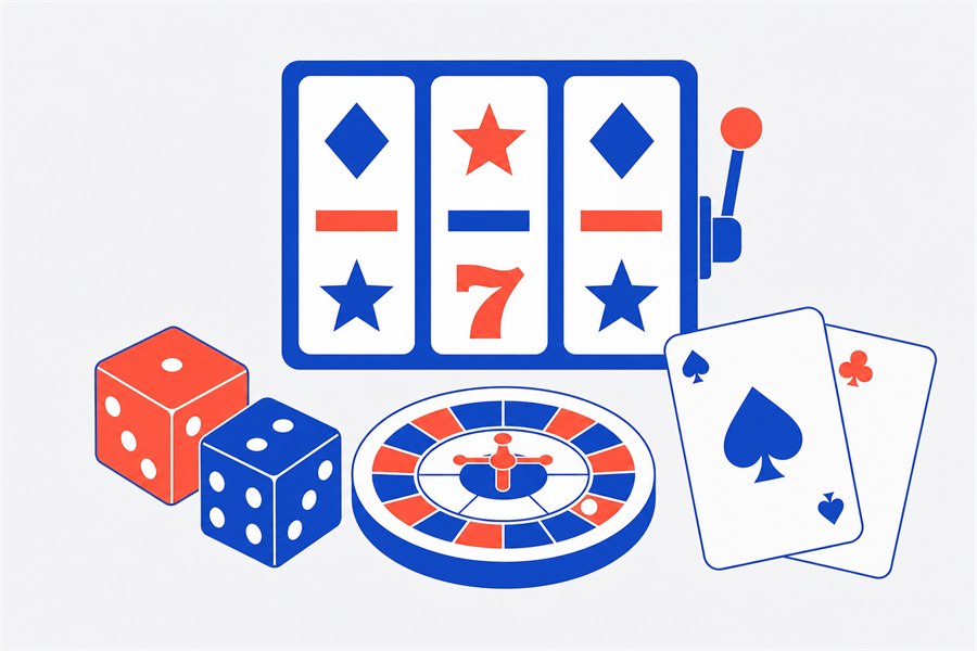 Illustration of slot reels, dice, a roulette wheel and playing cards