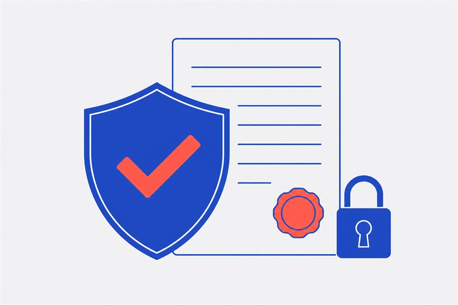 Illustration of a shield with a tick, a certificate with a seal and a padlock