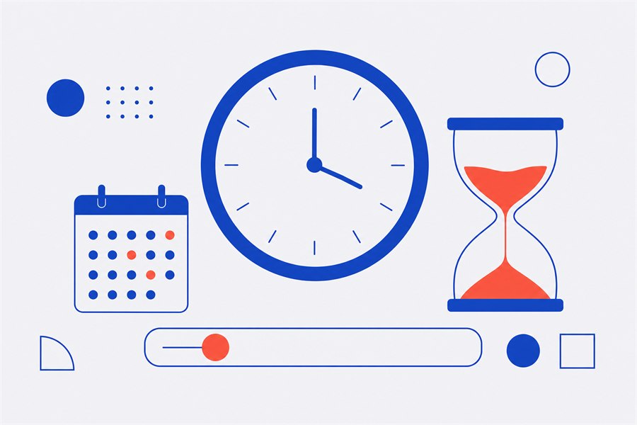 Illustration of a clock, an hourglass, a calendar and a slider control