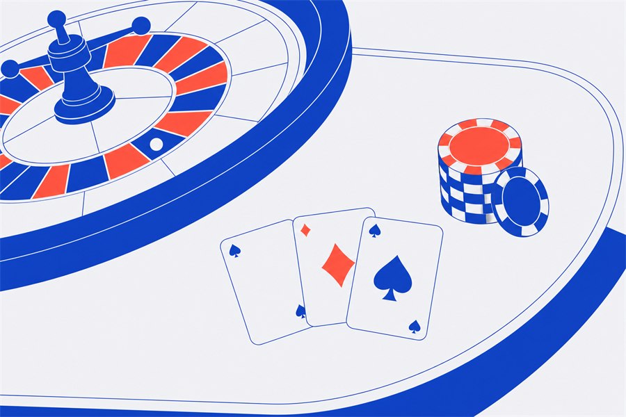 Illustration of a roulette wheel, playing cards and a stack of chips on a casino table
