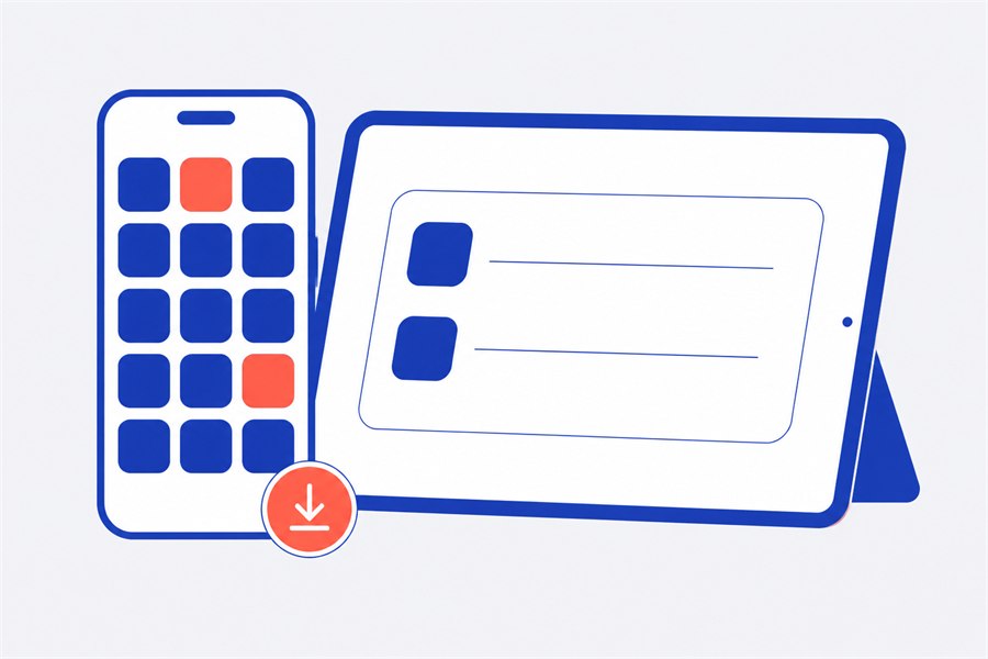 Illustration of a smartphone with app tiles beside a tablet