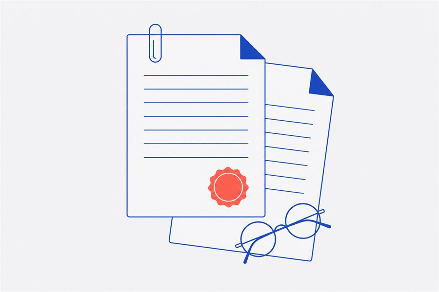 Illustration of two ruled documents with a seal, spectacles and a paperclip