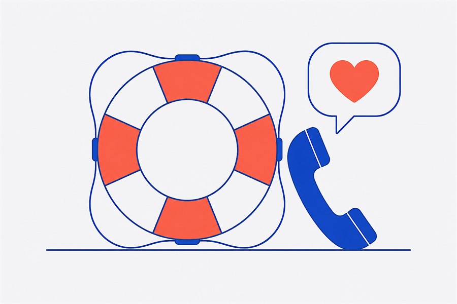 Illustration of a lifebuoy, a telephone handset and a speech bubble with a heart